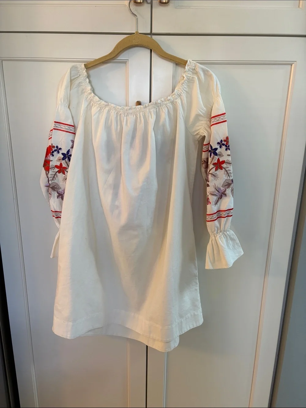 Free People White Peasant Mini Dress with Red and Purple Floral Embroidery